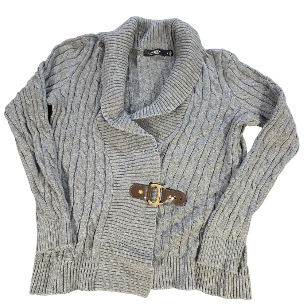 Lauren Ralph Lauren Gray Cable Knit Shawl Collar Leather Buckle Cardigan Medium